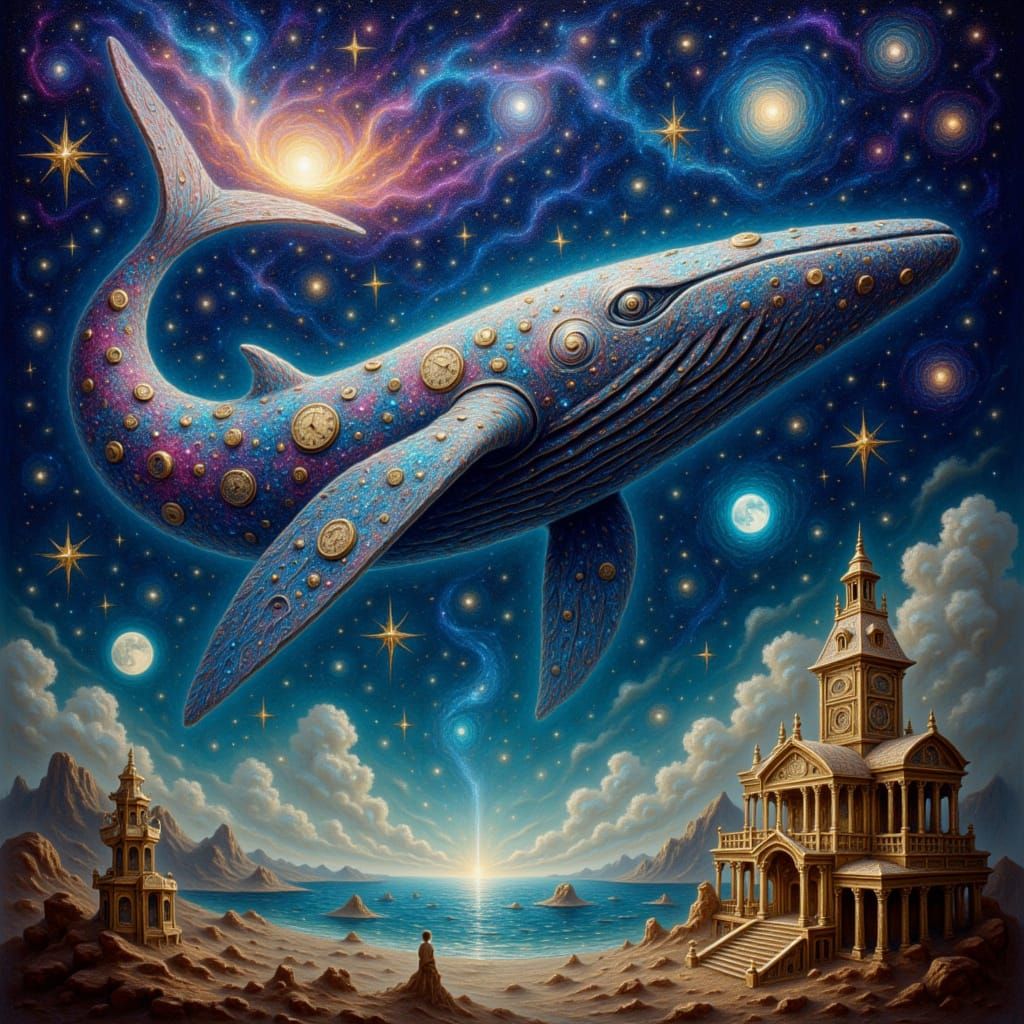 Cosmic Whale Navigates Surreal Melting Void