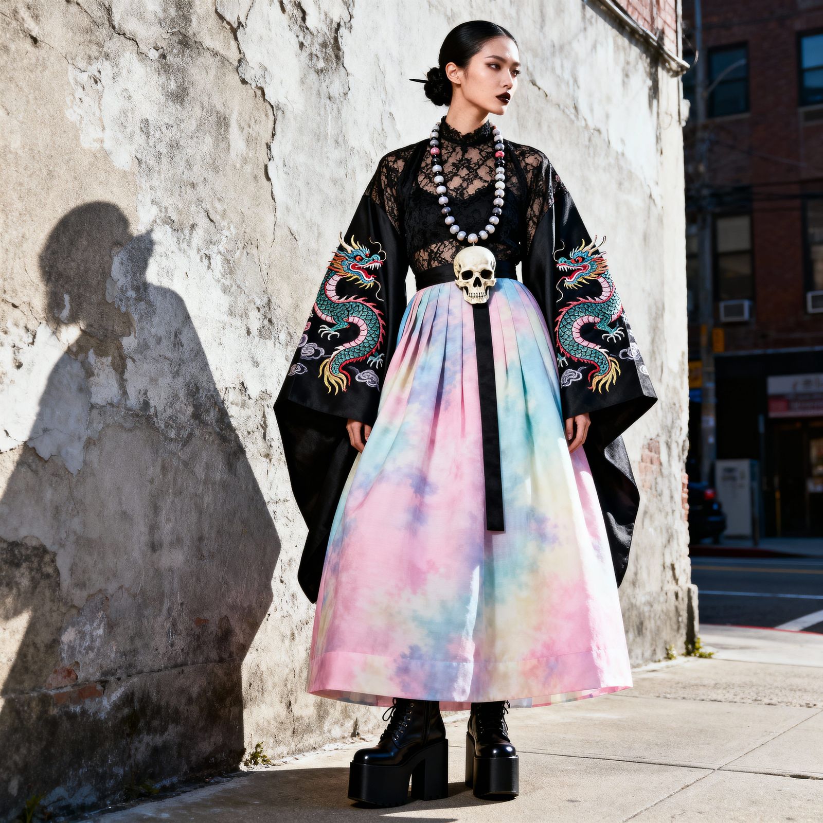 Pastel Goth Korean Fashion Editorial: Woman in Hanbok Skirt