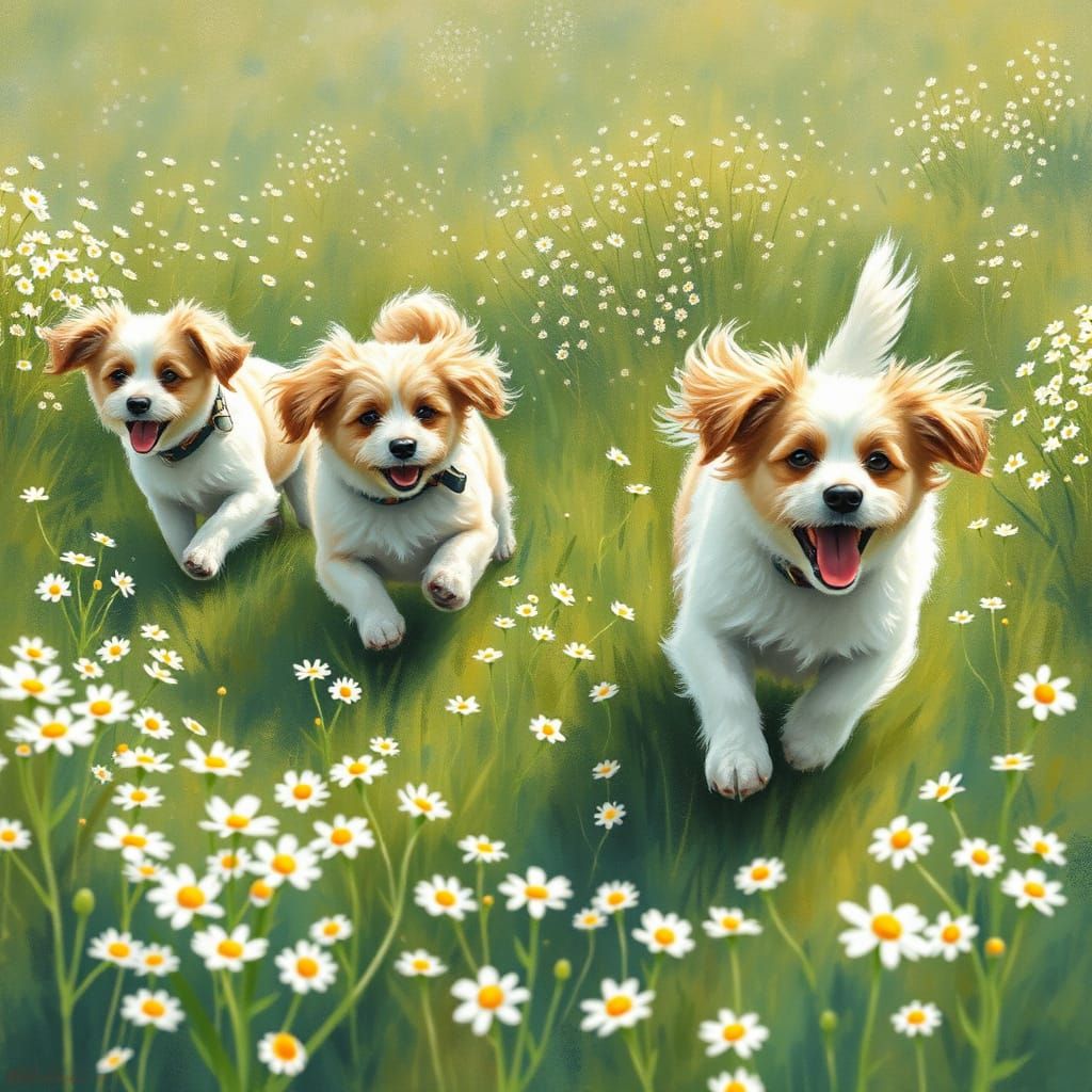 Dogs Frolicking in a Whimsical Floral Meadow