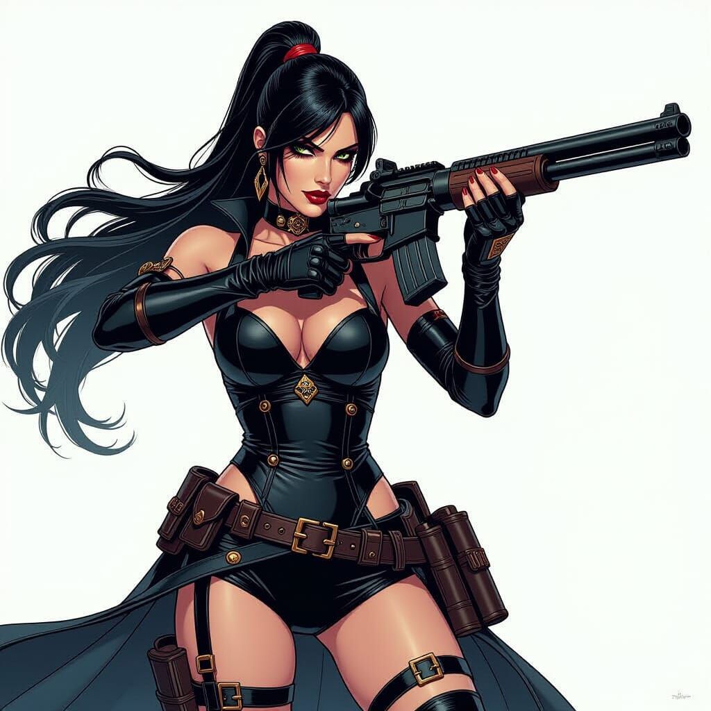 Bayonetta with Dual Rifles, Dark Fantasy Art