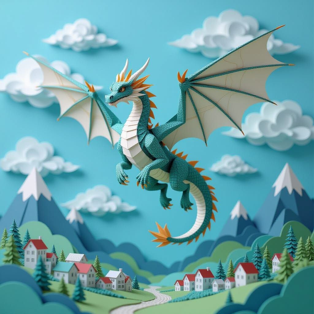 Dragon of Parchment Scales in Paper Sky Diorama