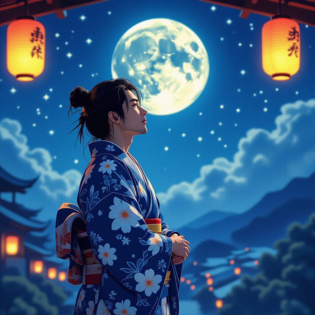 Kimono Stargazer Under Moonlight: Hokusai Dreamscape
