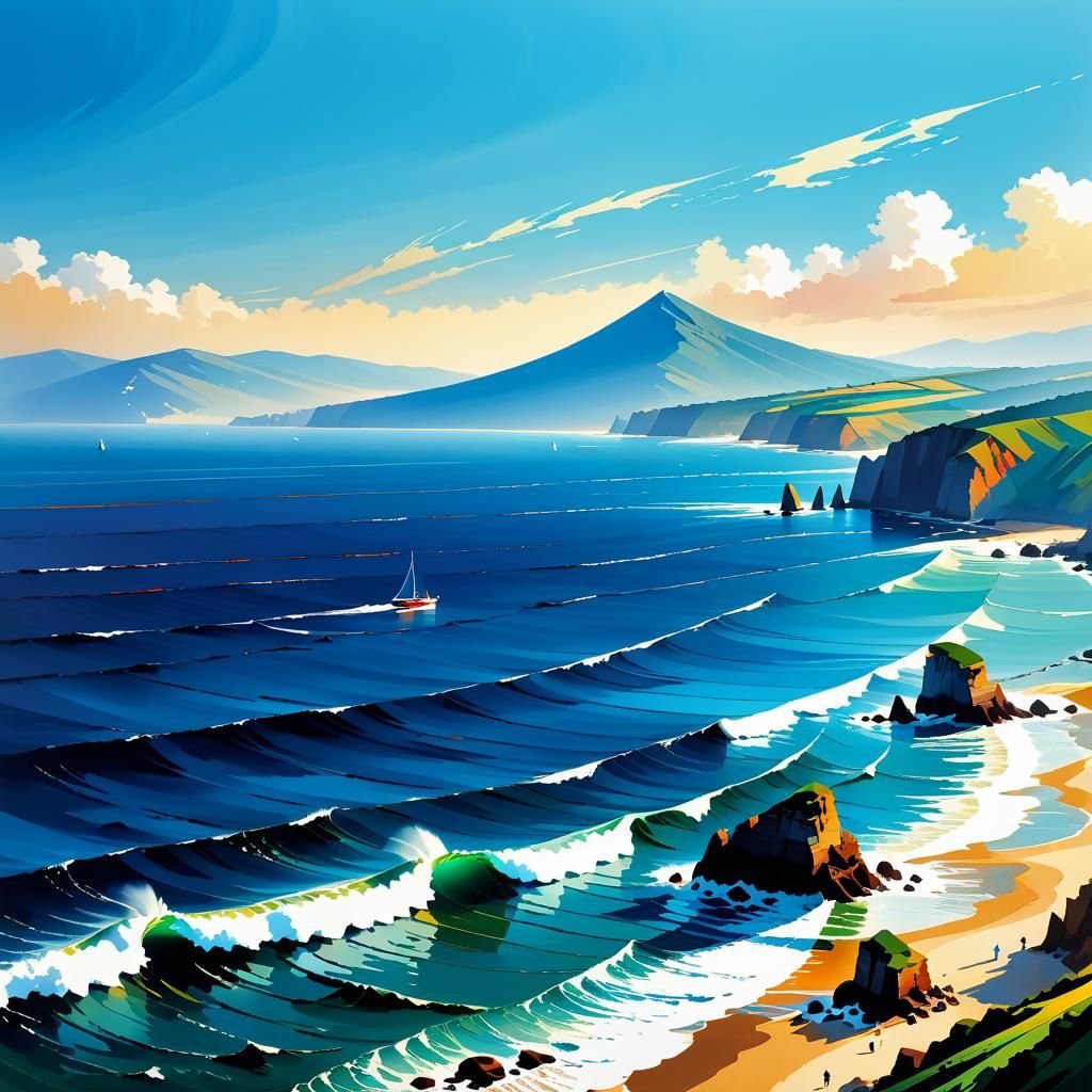 Impressionistic Seascape with Calligraphic Elements