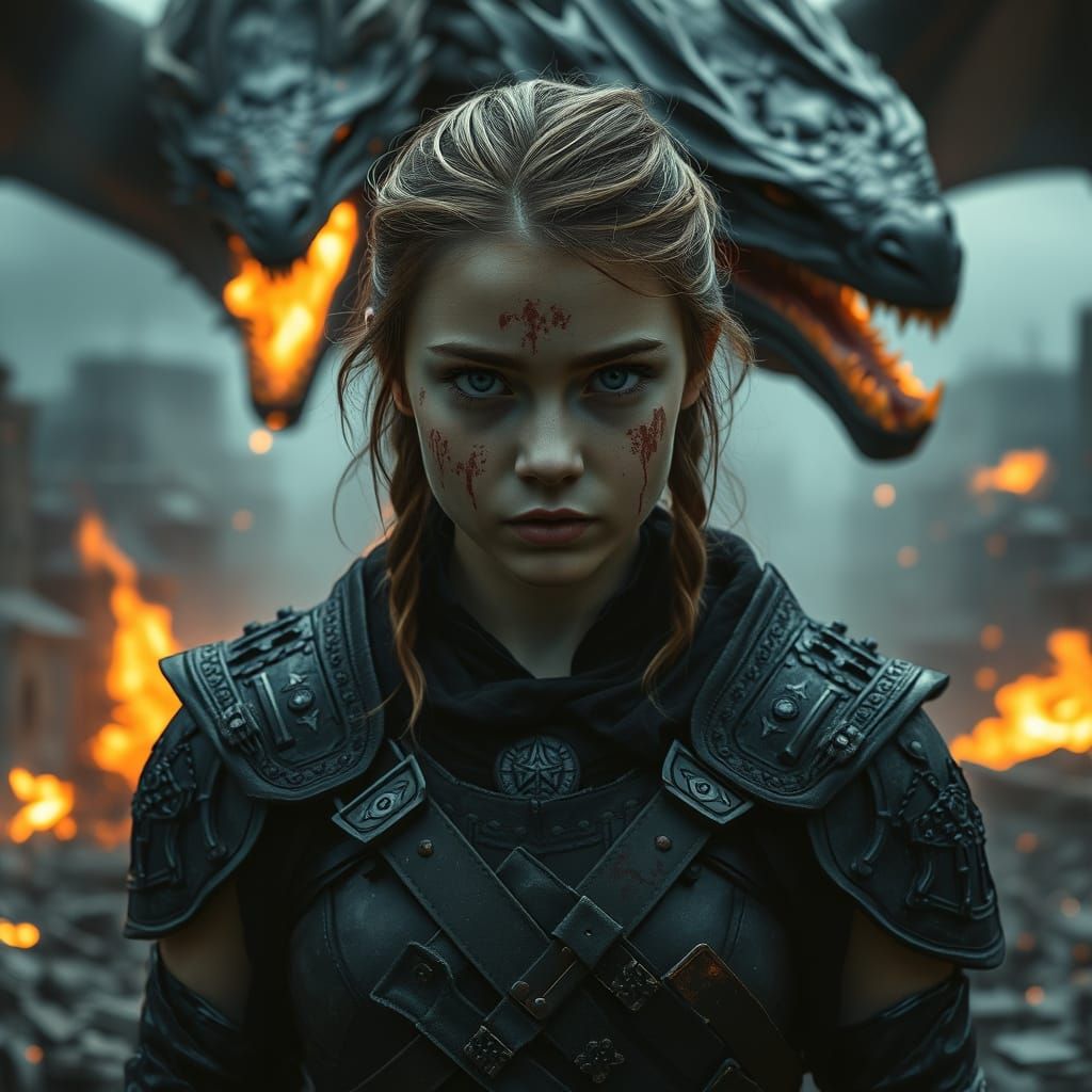 Female Warrior Facing Inferno Amidst Ruined City
