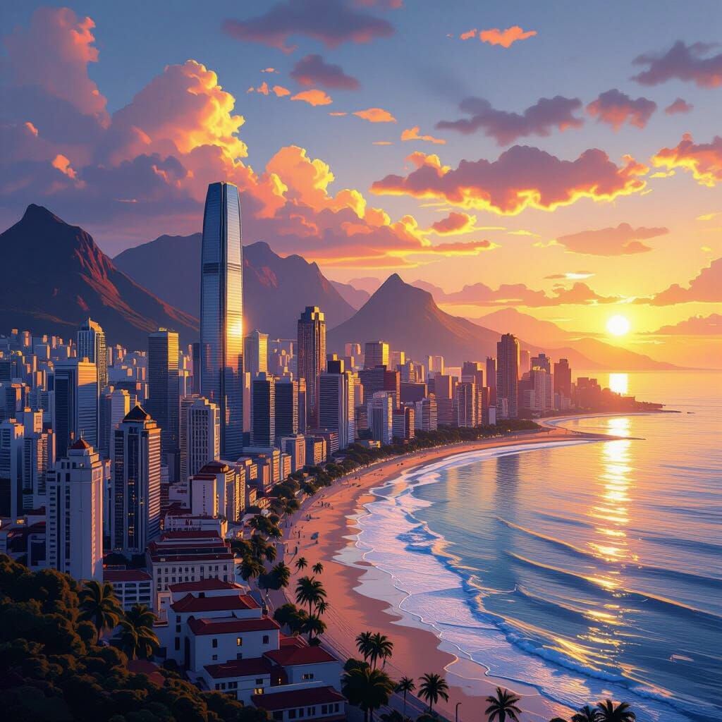 Metropolitan Cityscape Between Mountains and Beaches at Suns...