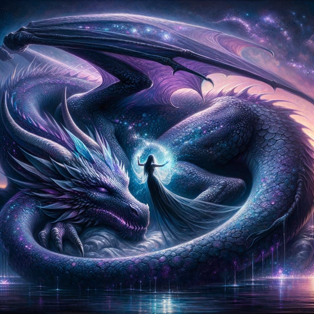 Ethereal Dragon and Enchanted Fairy in Twilight Oil Painting