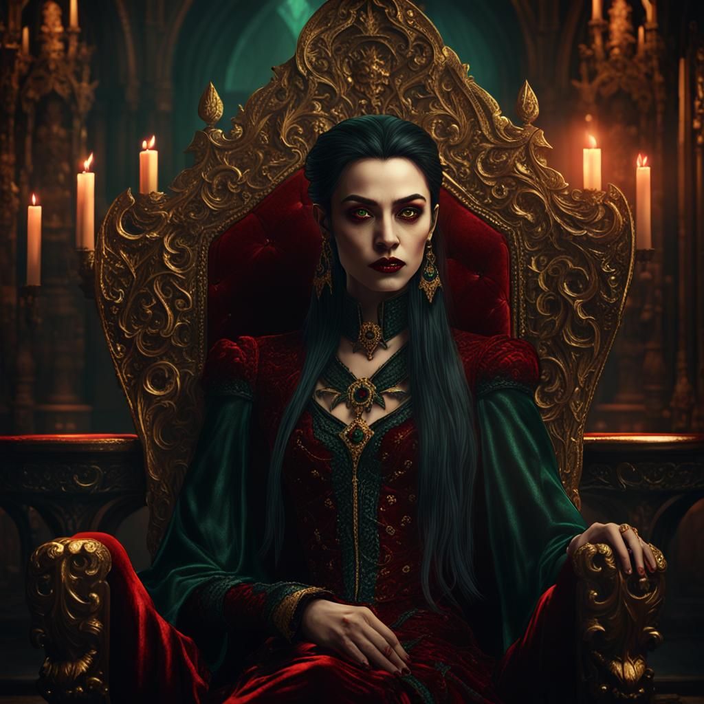 Female Vampire in Gothic Throne Room: Dark Fantasy Art