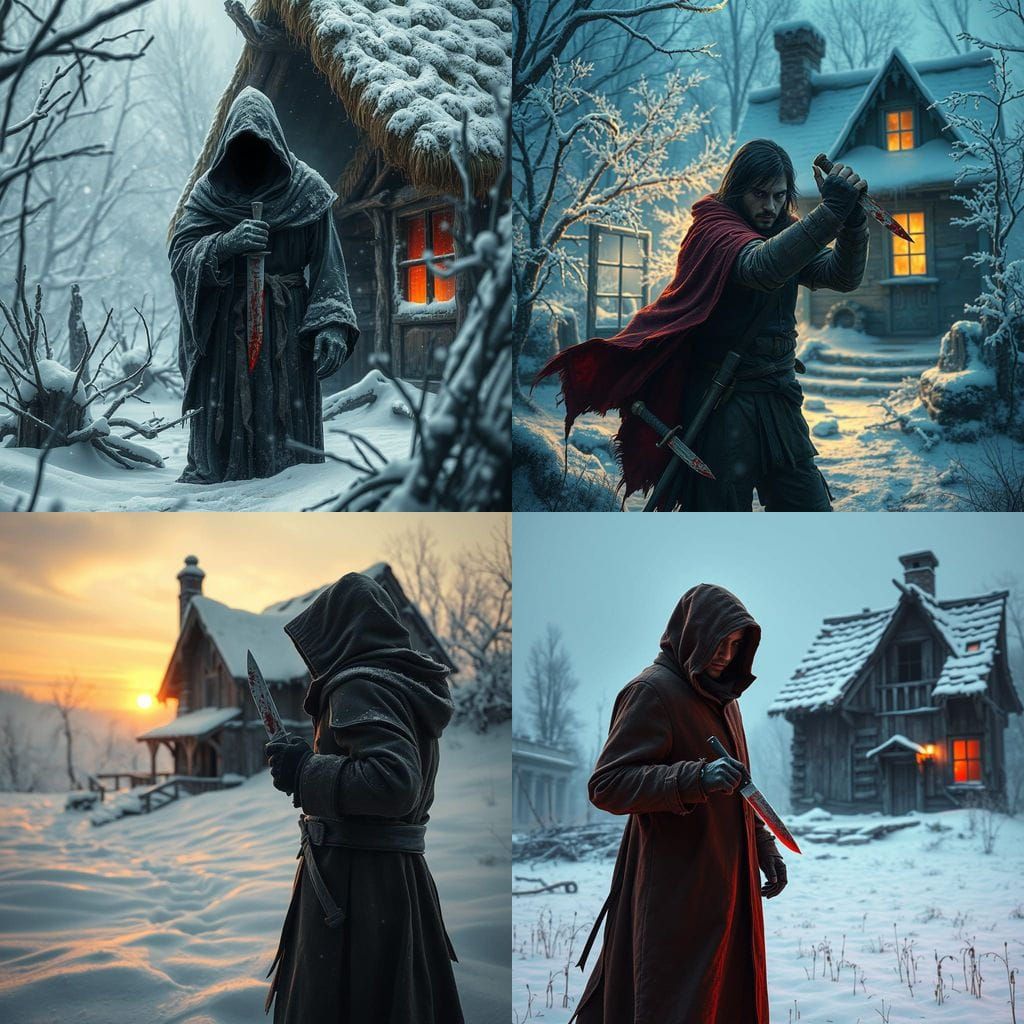 Dark Fantasy Cottage in Snowy Landscape with Bloody Blade