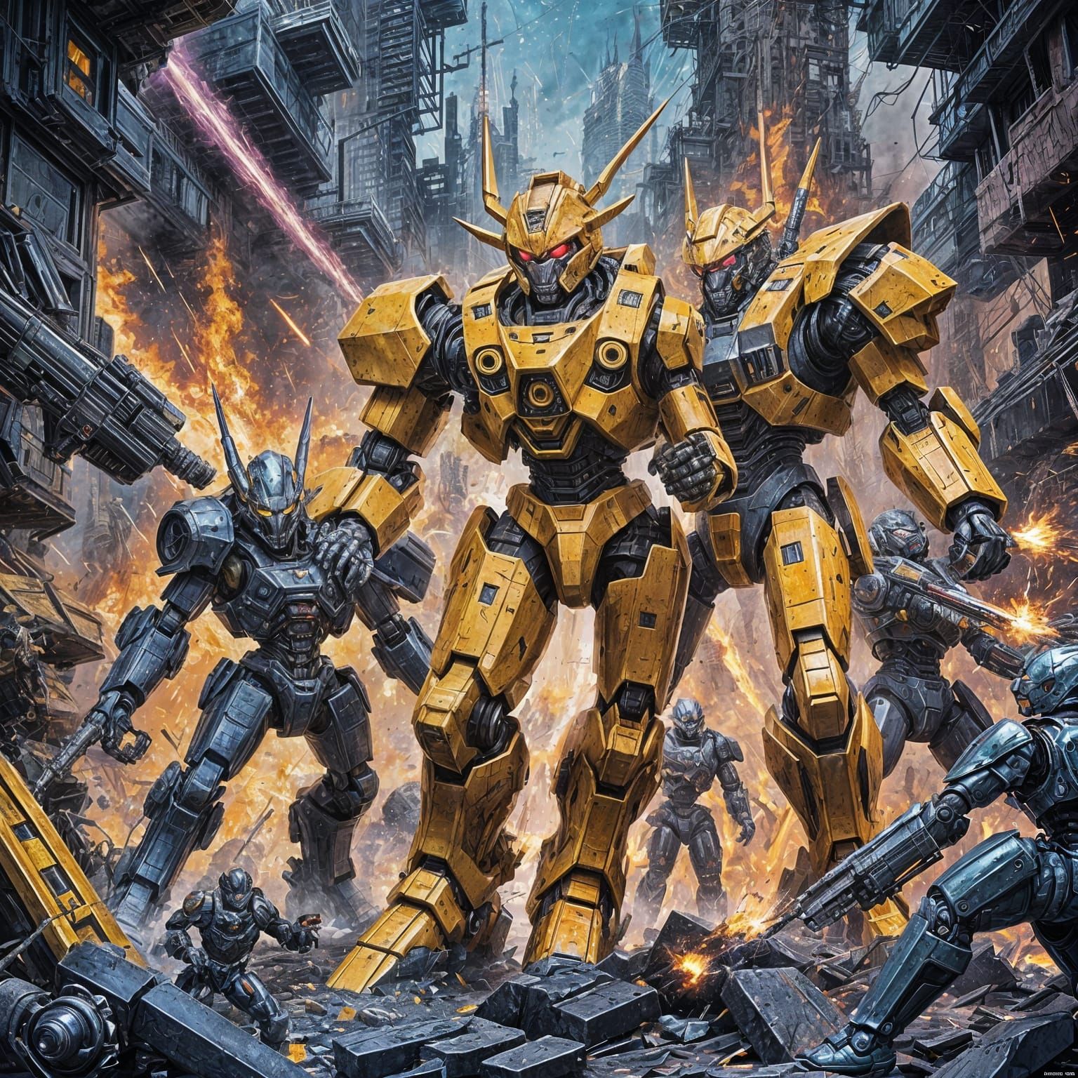 Brutal Mecha Battle in Cyberpunk Oil Painting