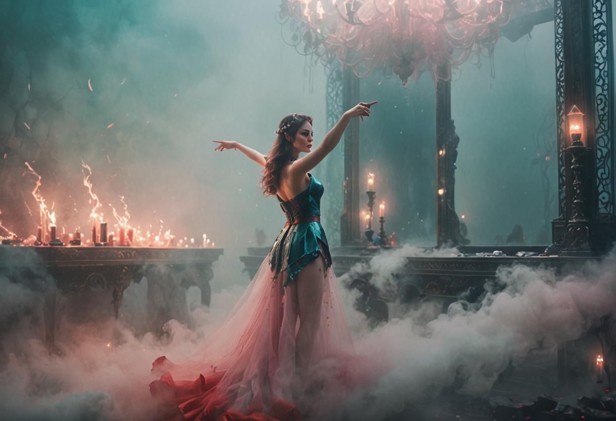 Fantasy Girl Writes on Mystical Mirror in Matte Painting Sty...