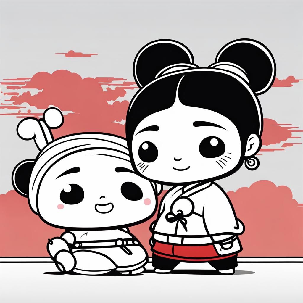 Pucca and Garu Line Art Illustration