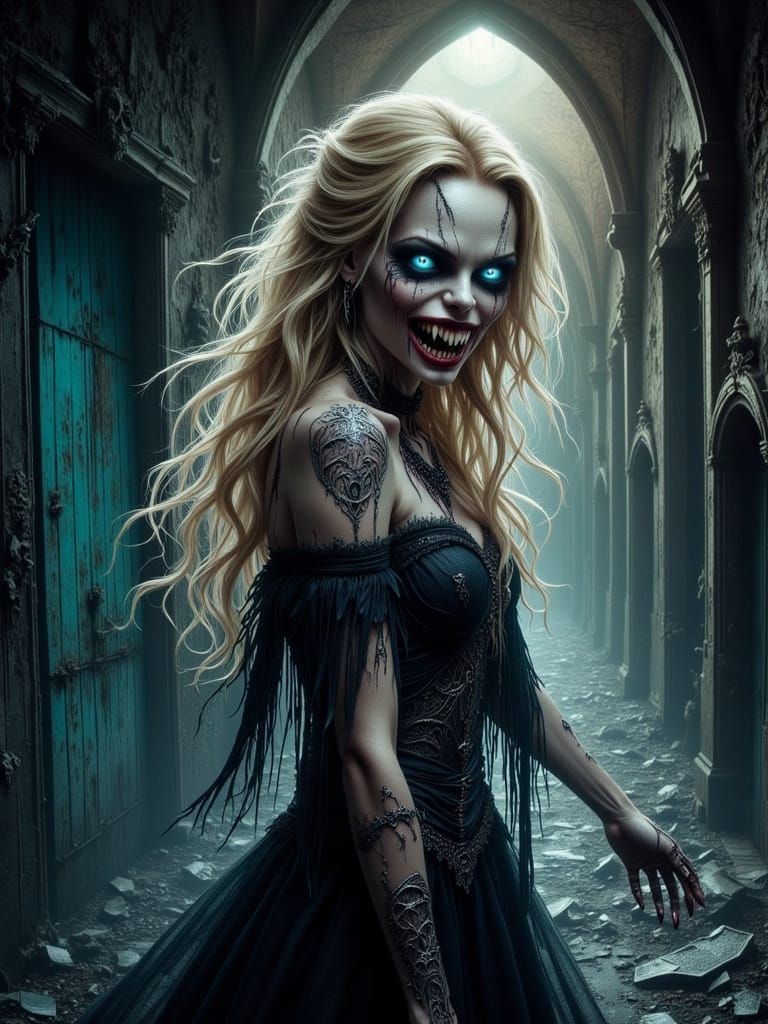 Blonde Vampire Queen in Abandoned Mausoleum