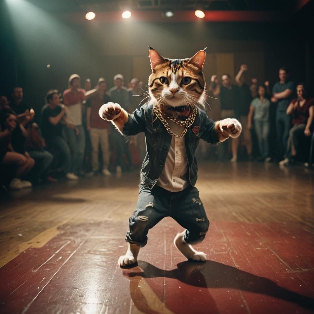Calico Cat Breakdancing in Dimly Lit Theater