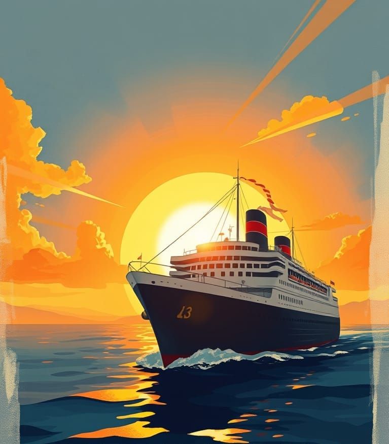 1930s Cruise Ship Sunset: Vintage Travel Poster Art