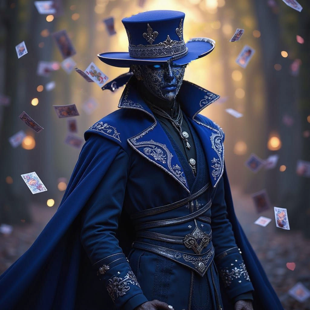 Ethereal Dark Fantasy Figure in Ornate Mask and Regal Attire