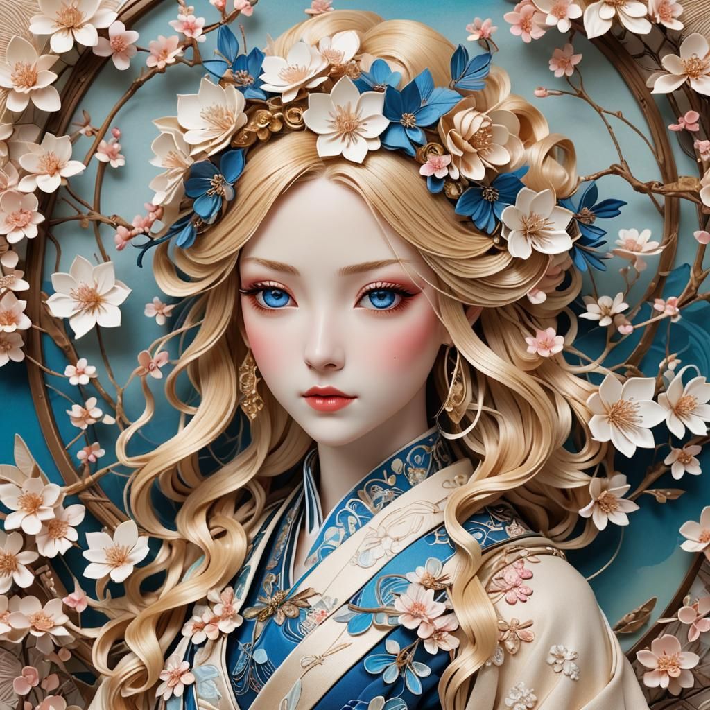 Japanese Girl with Origami Cherry Blossoms in Art Nouveau St...