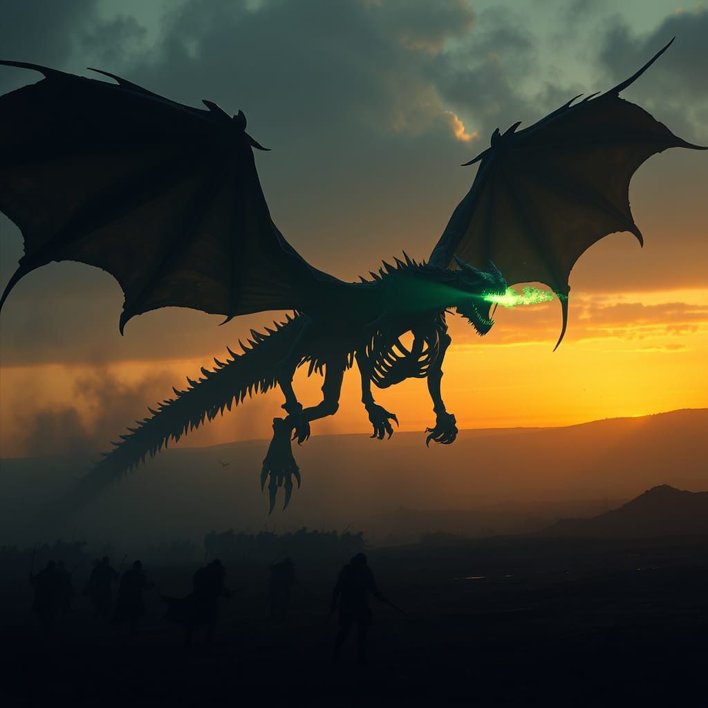 Skeletal Flying Dragon in Eerie, Ethereal Mist