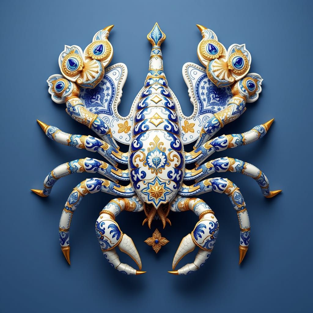Peacock Scorpion in Azulejo Tiles, Rococo Style