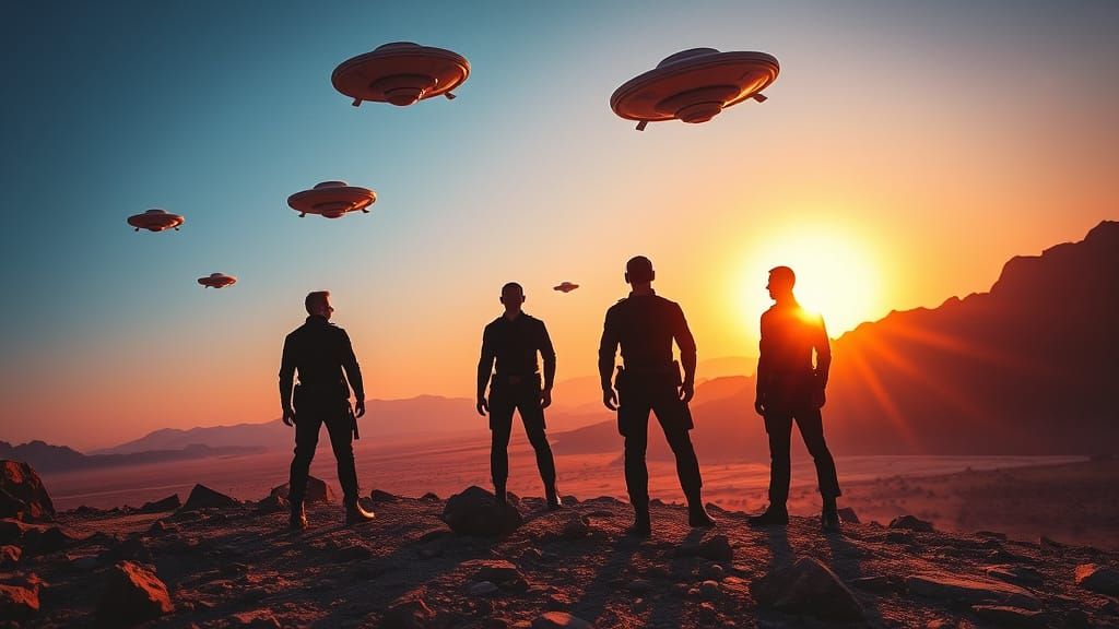 Men in Black Agents Witnessing UFOs at Dawn