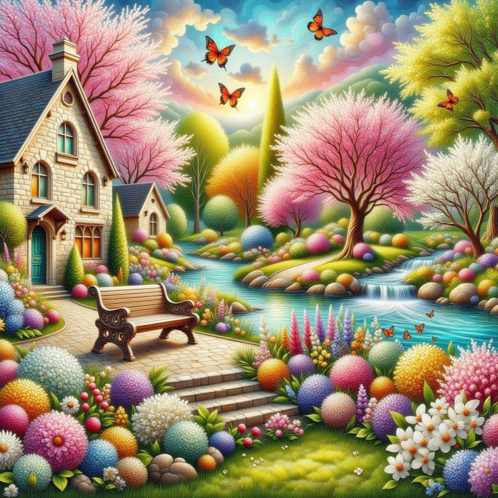 Vibrant English Cottage Scene in Whimsical Street Art Style