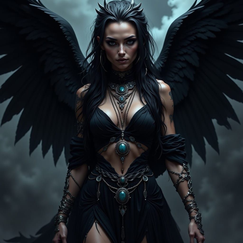 Shamanic Crow Woman with Silver and Turquoise Jewelry