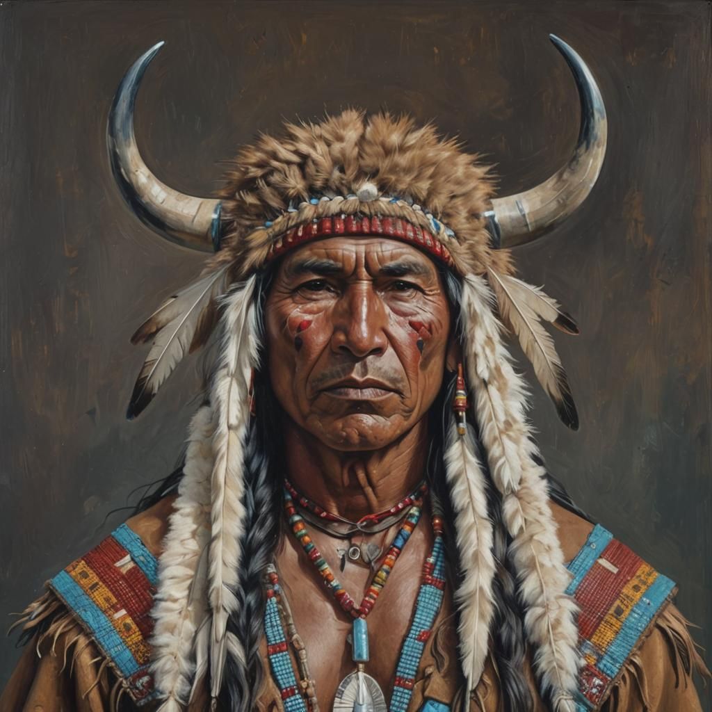 Native American Warrior Portrait in Impasto Style