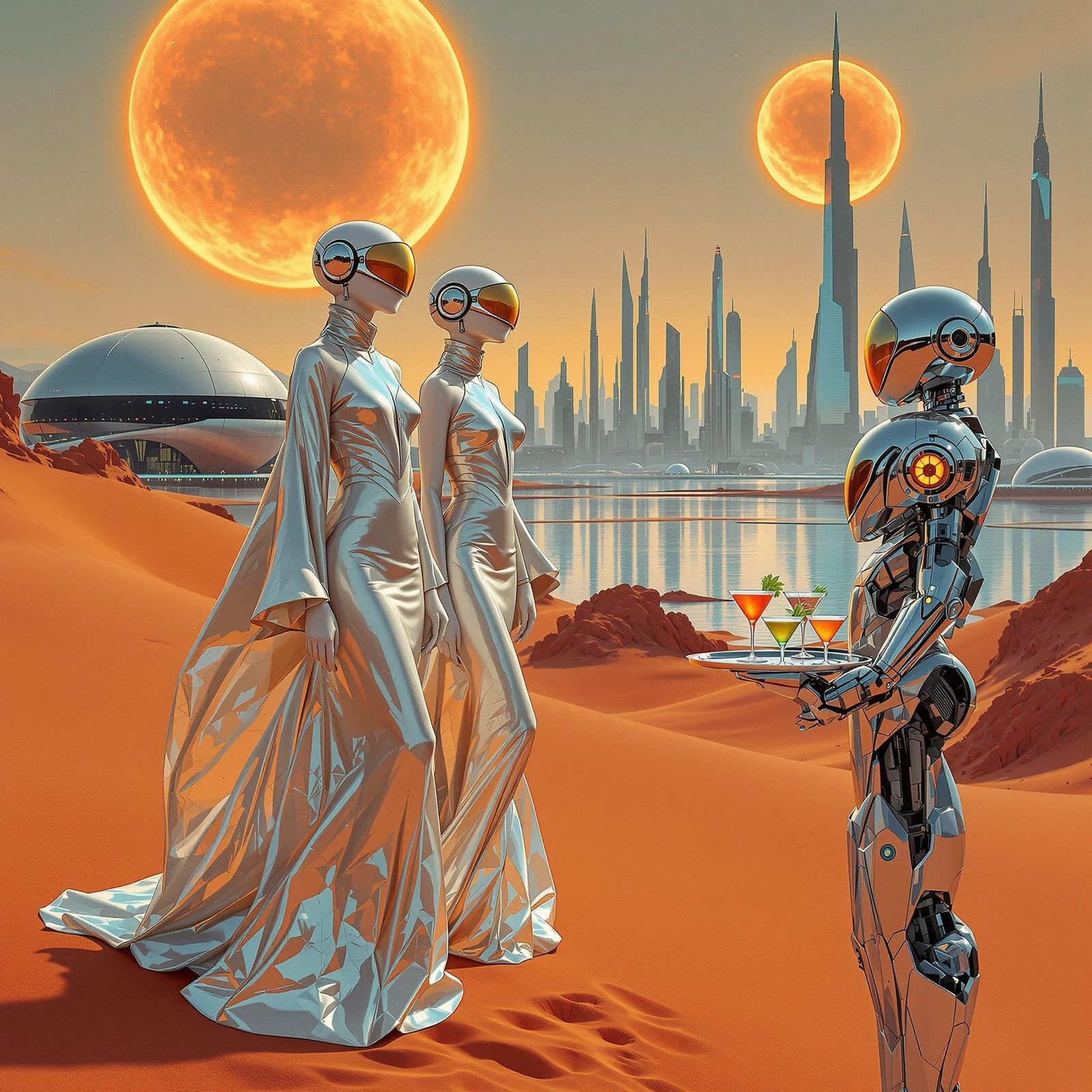 Retrofuturistic Beings on a Distant Planet in Iridescent Gow...