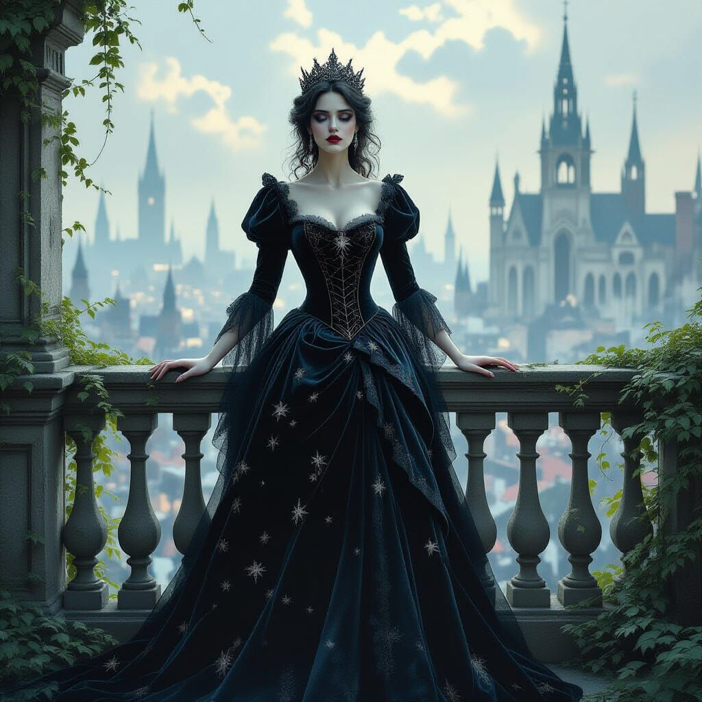Spectral Queen Overlooking Decaying Gothic City in Impasto S...