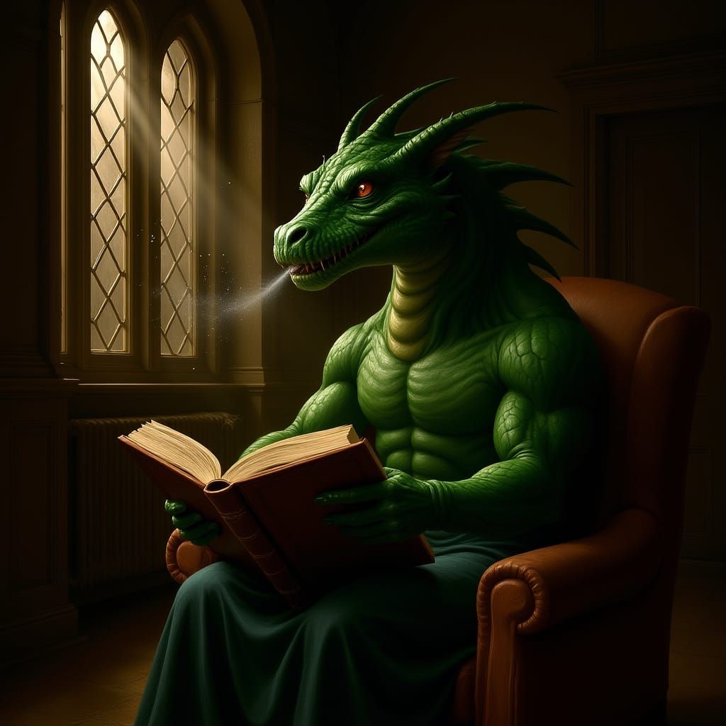 Ancient Dragon Reads in Mystical Library, Fantasy Art Style