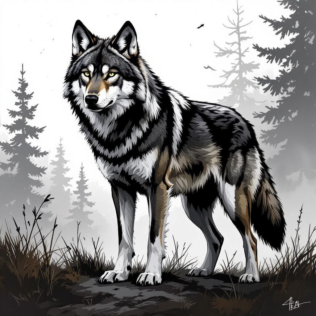 Upright Wolf Portrait in Pencil Sketch Style