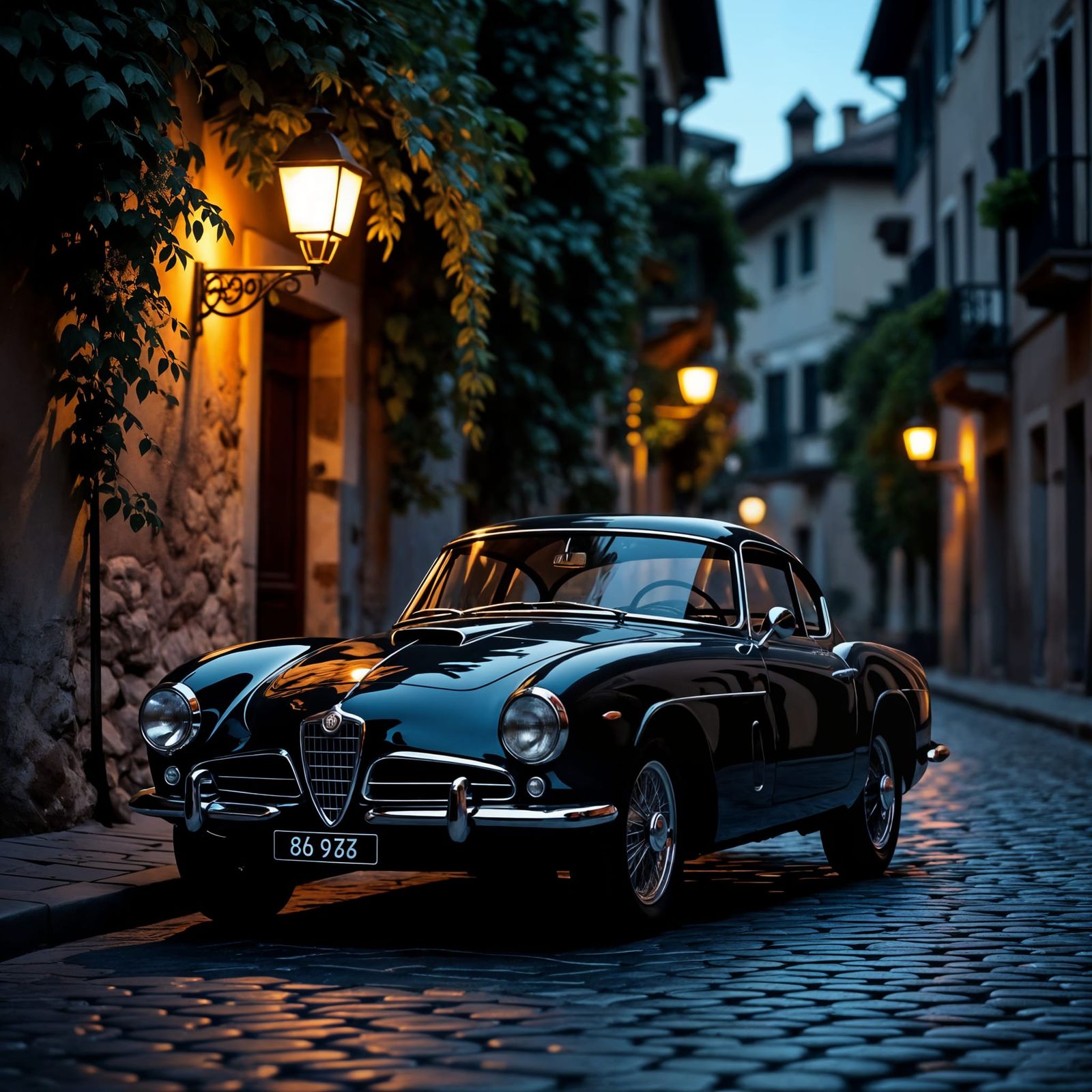 Vintage Alfa Romeo Gleaming Under Gaslight