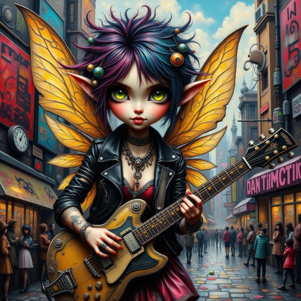 Punk Rock Fairy Guitarist in Vibrant Street Scene