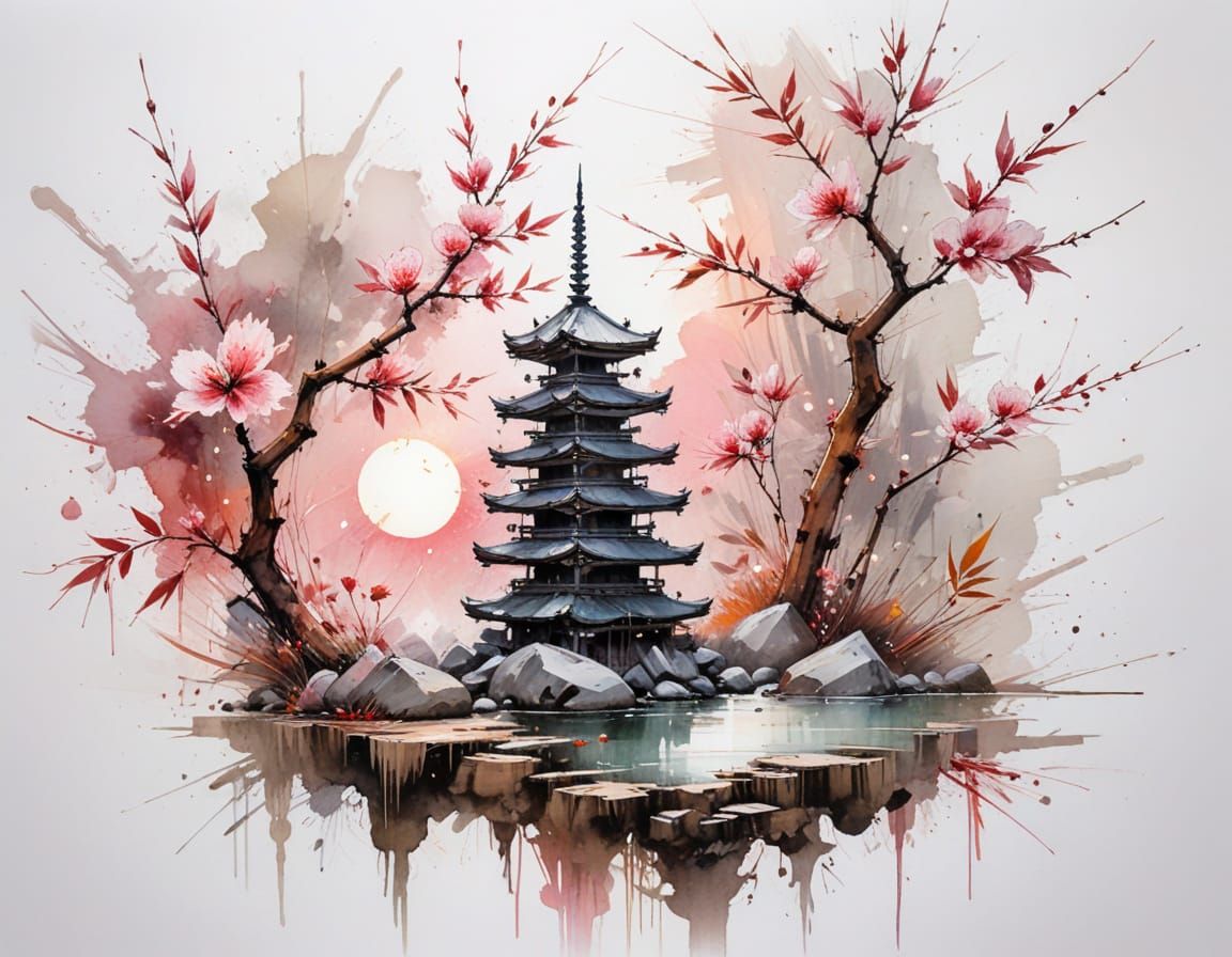 Zen Rock Garden Sunrise with Cherry Blossoms