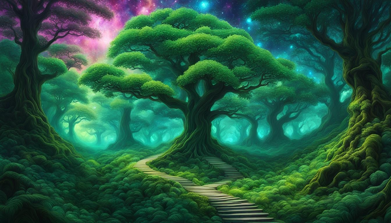 Lush Emerald Forest: Astral Cosmic Illustration