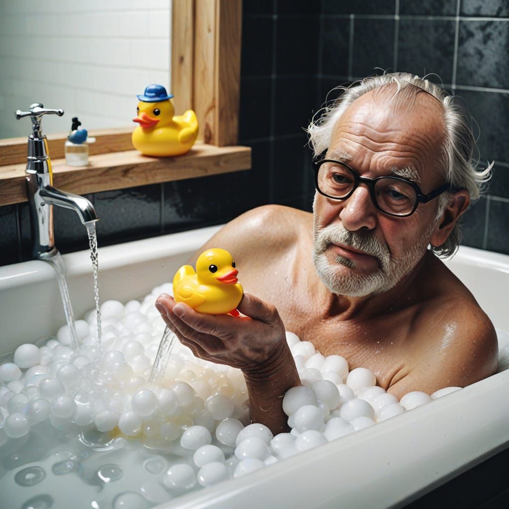 Old Man's Playful Bath with Rubber Duck