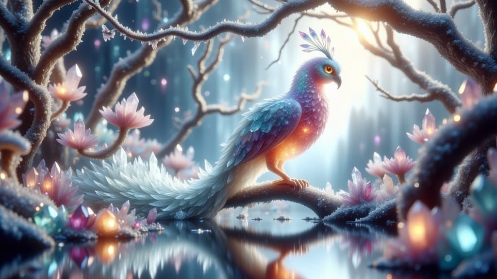 Crystal Peacock in Snowy Splendor