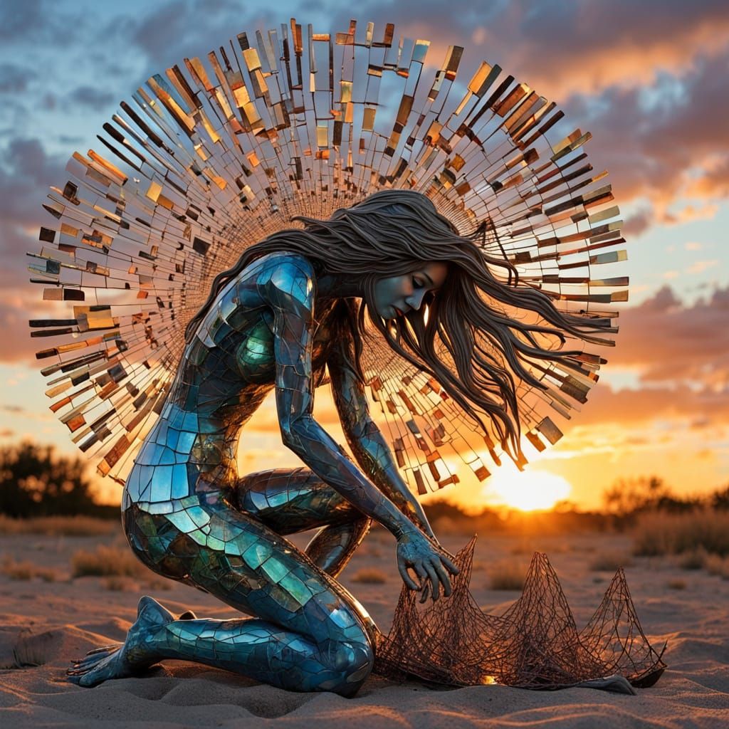 Surreal Fragmented Sculpture of Woman at Sunset