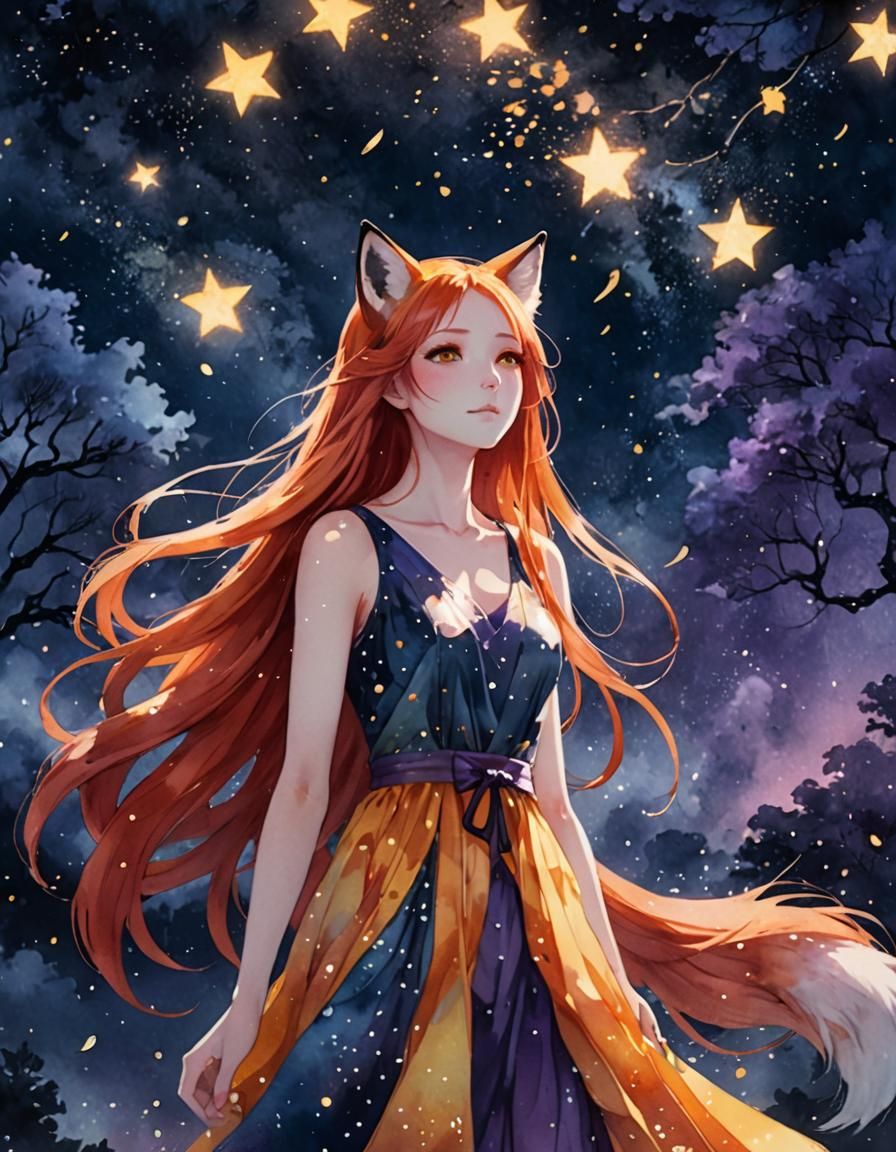 Anime Fox Spirit Girl in Falling Starry Night