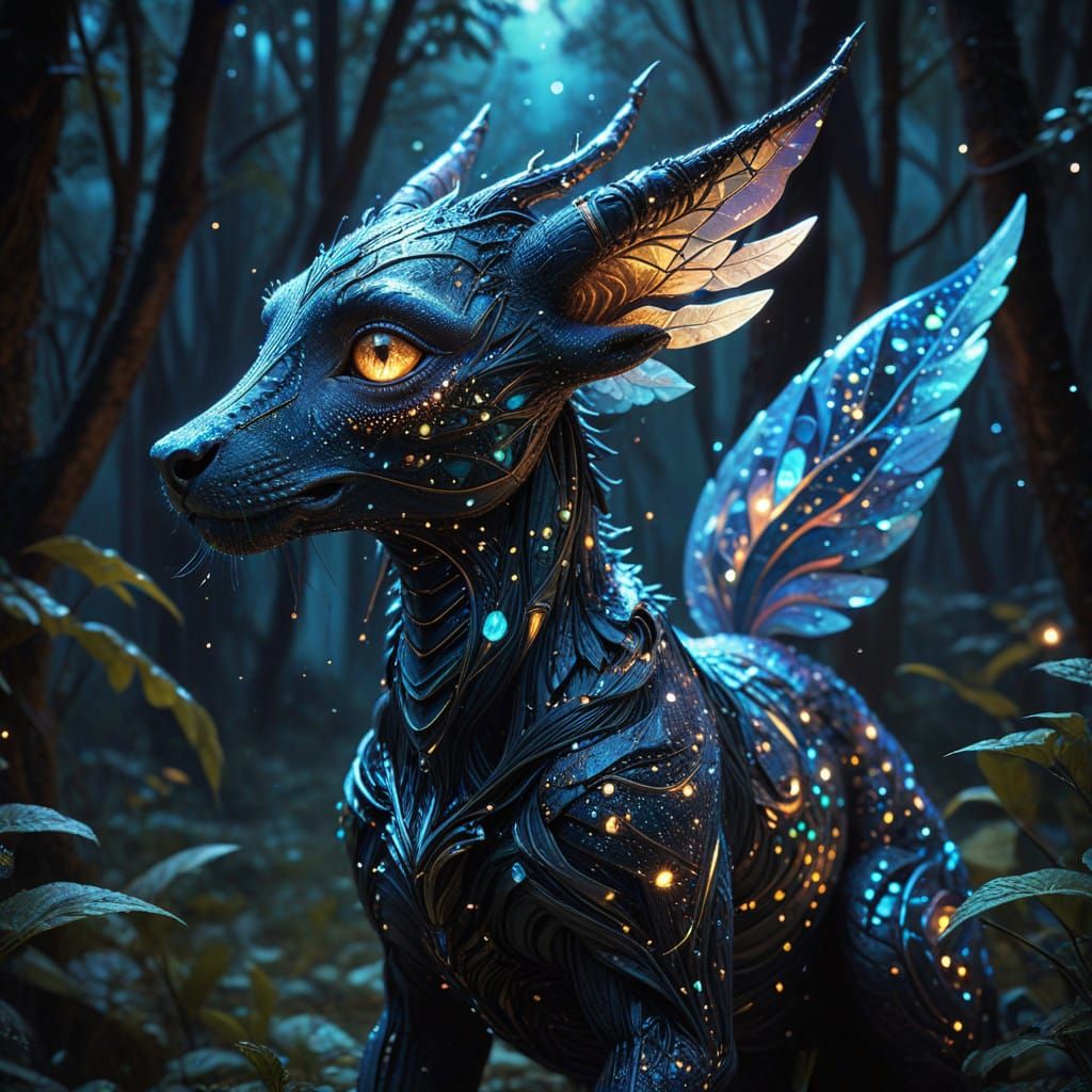 Luminous Nighttime Creature in a Dark Forest