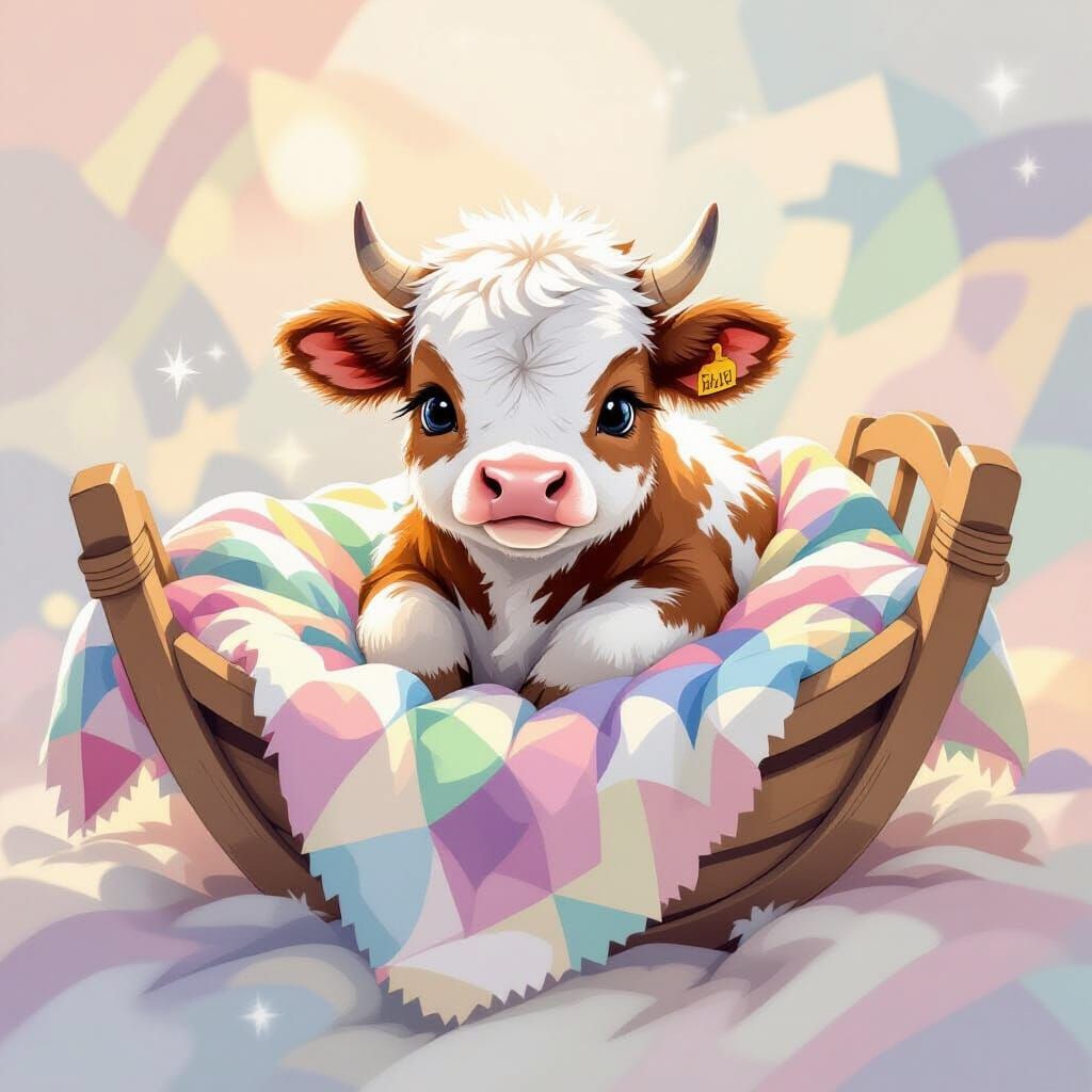 Whimsical Pastel Watercolor of Baby Cow in Cradle