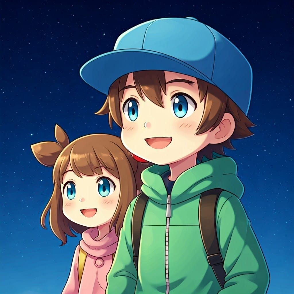 Chibi Siblings Admire Starry Night, Whimsical Illustration