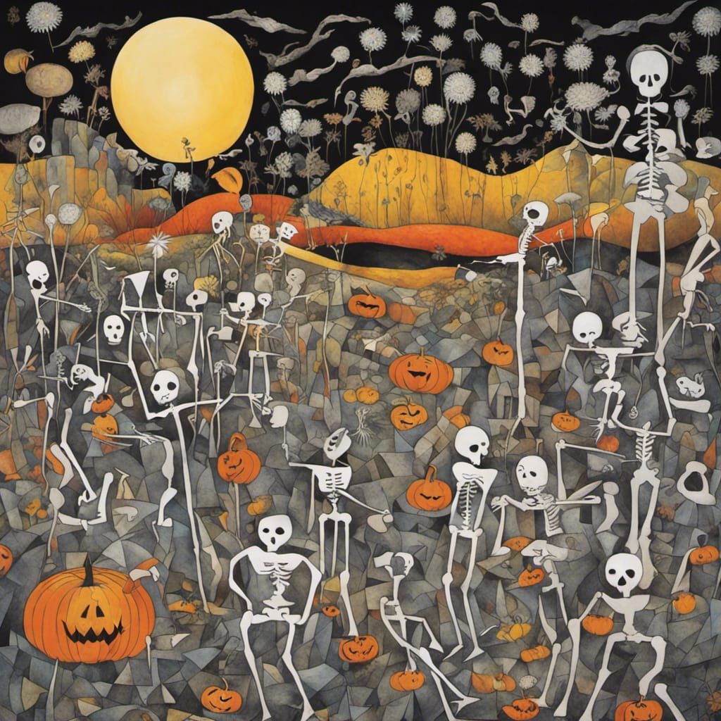Surreal Dandelion Dreamscape with Dancing Skeletons