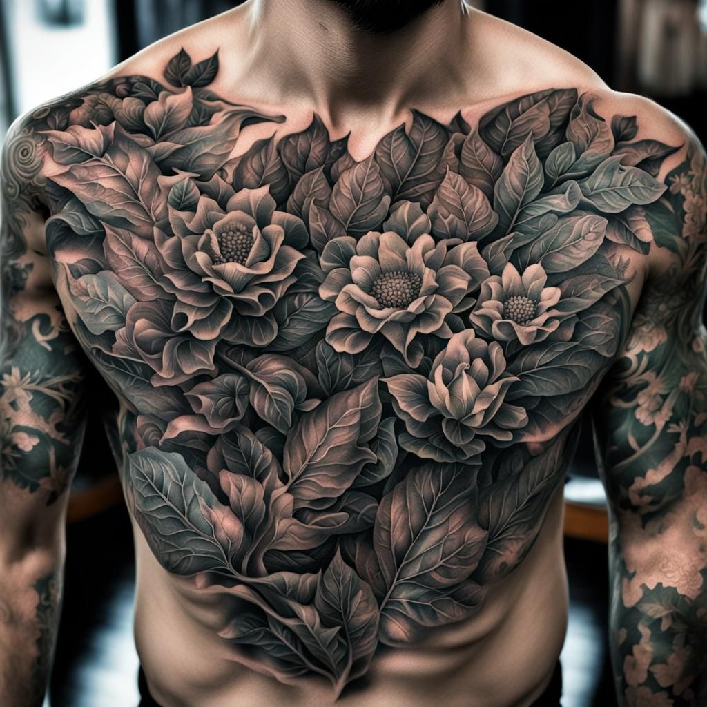 Leaves and flowers full chest tattoo