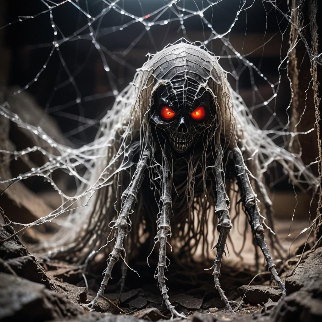 Eerie Ghost Crawls From Basement in Dark Macro Photo