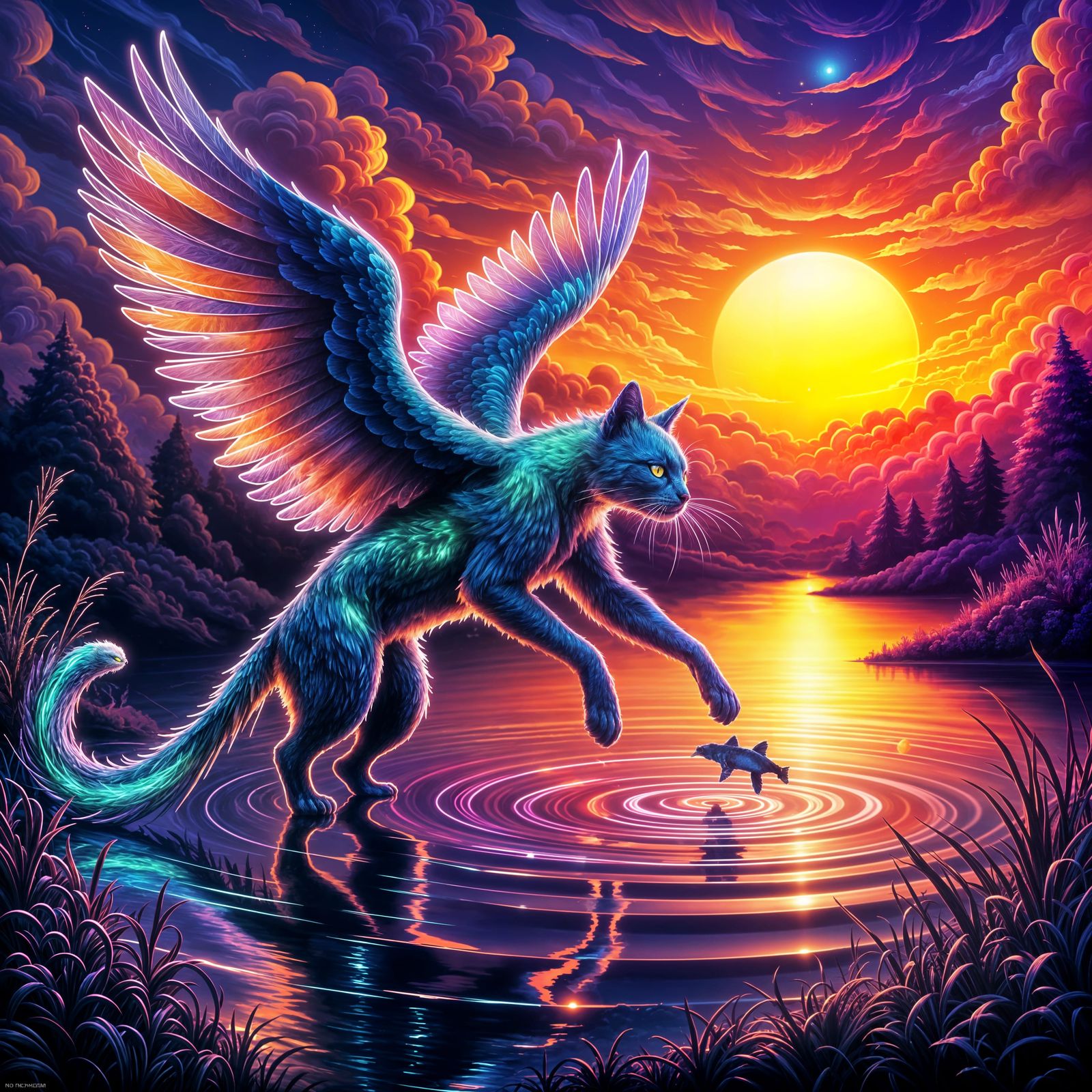 Neon Catbird Catches Fish in Cosmic Sunset