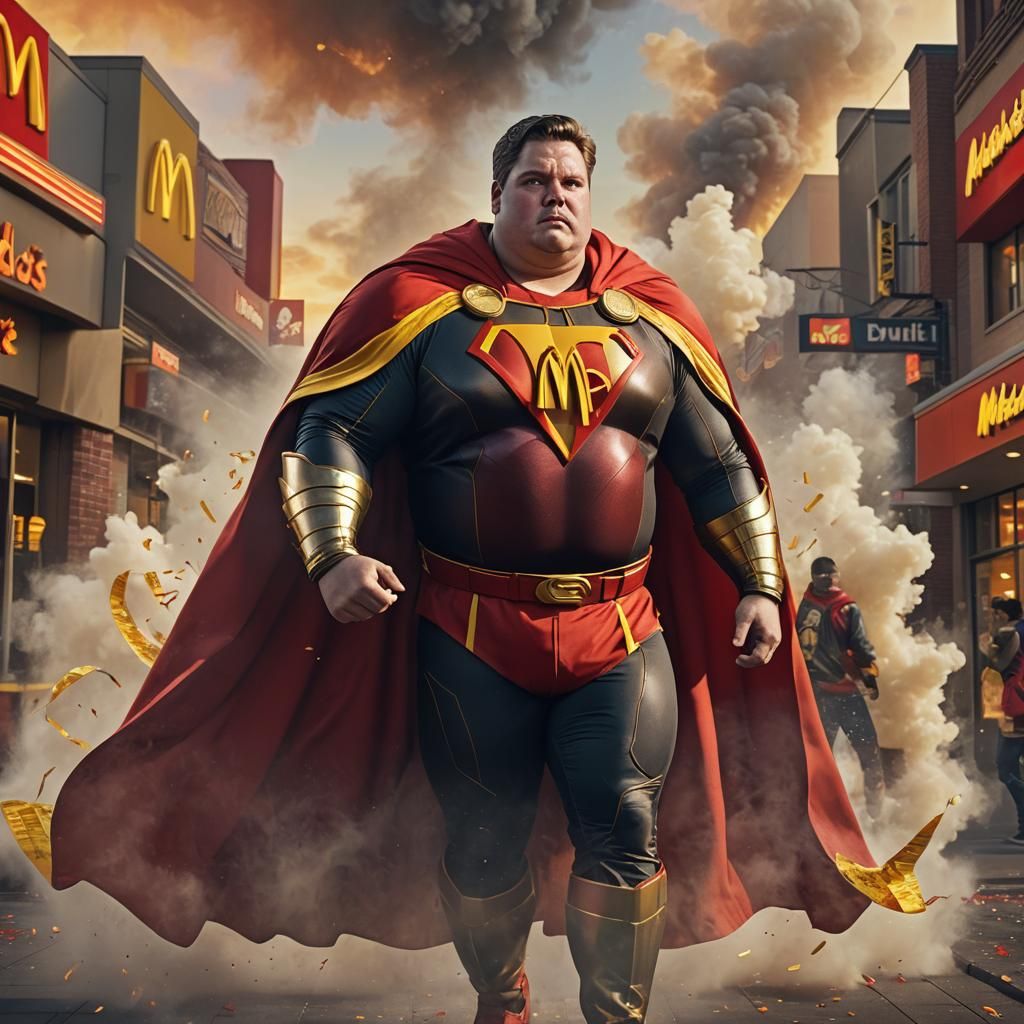 Obese Superhero with McDonald's Emblem, Hyperrealist Digital...