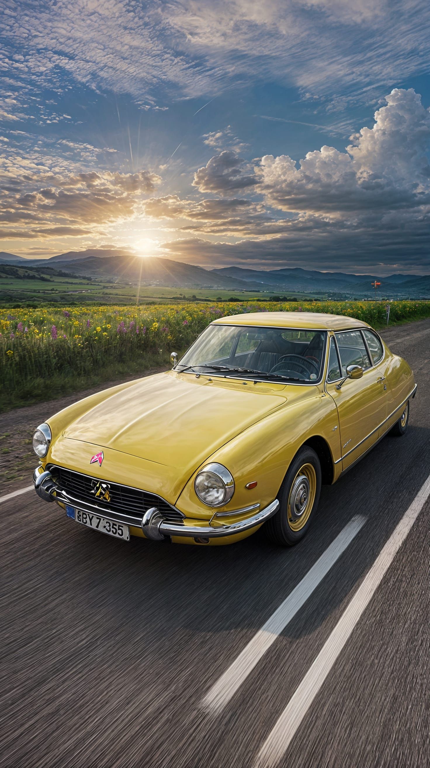 Golden Hour Citroën DS Cruises Through Vibrant Countryside