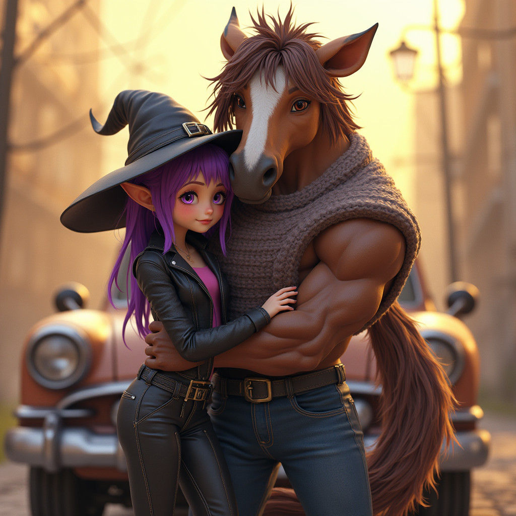 Fantasy Witch and Centaur Embrace, Watercolor Digital Art