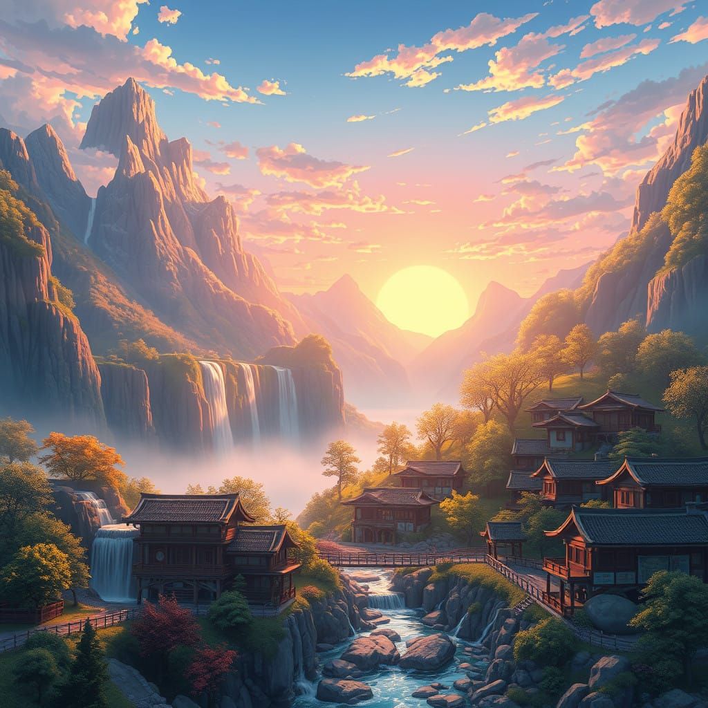 Majestic 3D Anime Village at Sunrise
