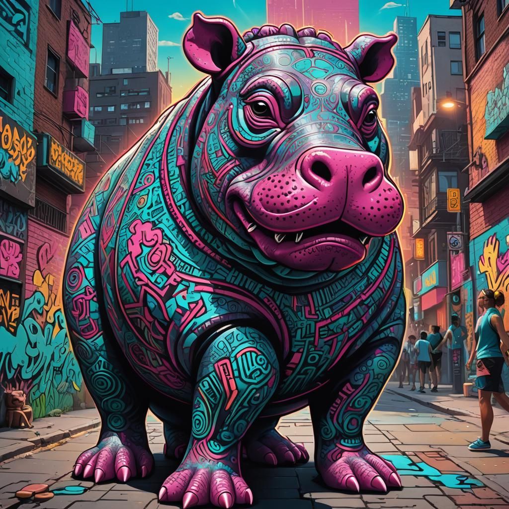 Vibrant Hippo-Dog Street Art Portrait as 3D Render